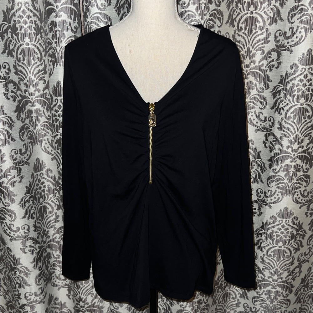 Michael Kors Black Gold Zipper Vneck Long Sleeve Top